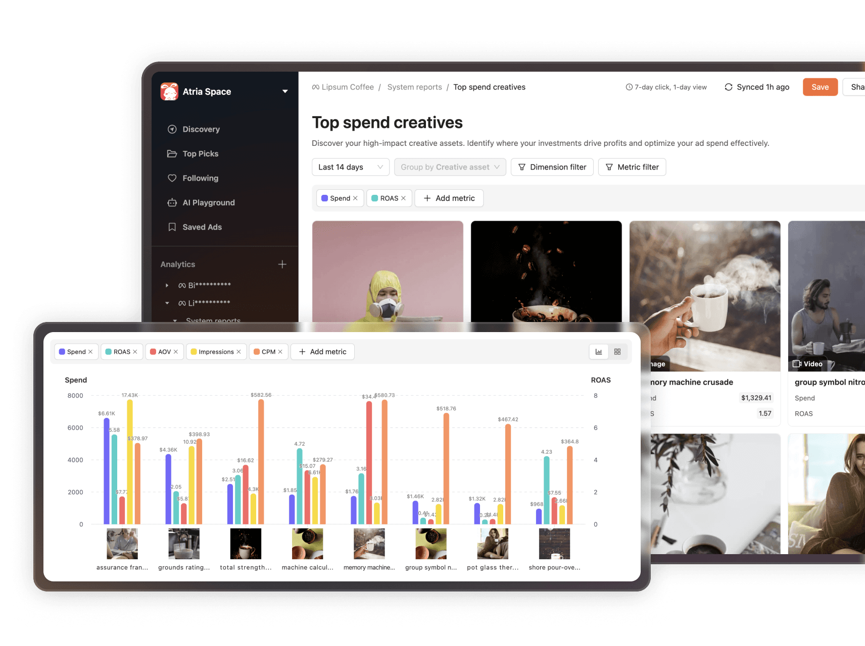 Premade reports, beautiful visuals. one-click share. illustration