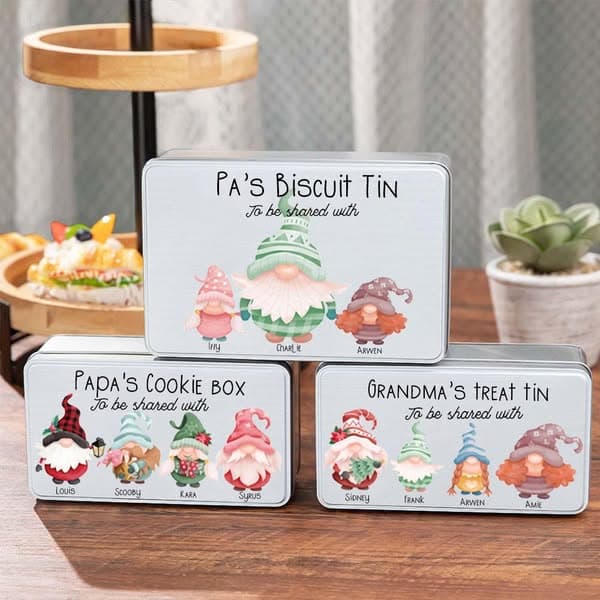 Personalized Christmas Gnome Biscuit Tin, Christmas Gnome Clipart Treats Tin, Gnome Family Clipart Storage Tin, Gnome Family Souvenirs, GIft for Gnome Lovers/Kids