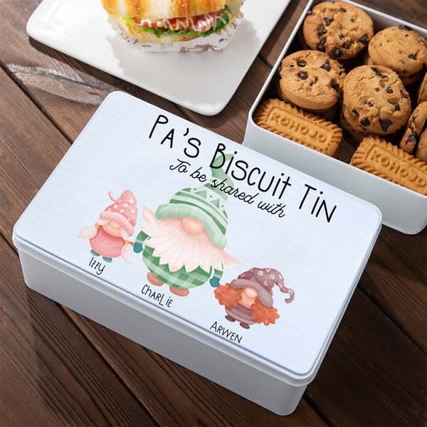 Personalized Christmas Gnome Biscuit Tin, Christmas Gnome Clipart Treats Tin, Gnome Family Clipart Storage Tin, Gnome Family Souvenirs, GIft for Gnome Lovers/Kids