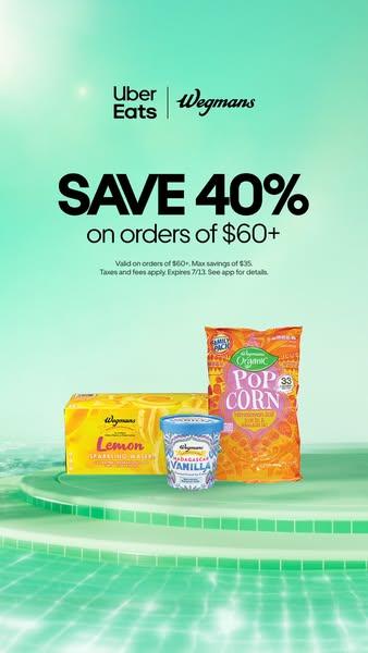 Save on summer groceries and get 40% off $60+ orders from Wegmans on Uber Eats.