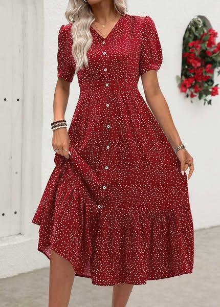 Red Polka Dot Short Sleeve V Neck Dress