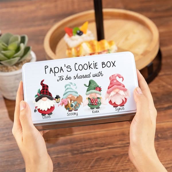 Personalized Christmas Gnome Biscuit Tin, Christmas Gnome Clipart Treats Tin, Gnome Family Clipart Storage Tin, Gnome Family Souvenirs, GIft for Gnome Lovers/Kids