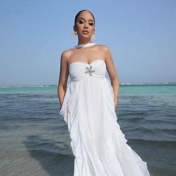 Melissa Matos שמלת מקסי לבנה ללא כתפיות לנשים ארוכה עם מכפלת קפלים אסימטרית התאמה רפויה מבד ארוג מותן גבוה גזרת A אלגנטית קז'ואל לחתונה לכל