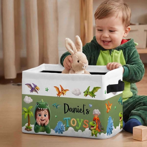 Personalized 3D-Effect Artwork Cartoon Photo Colorful Storage Basket with Name and Handle, Room Decor, Birthday Gift for Kids