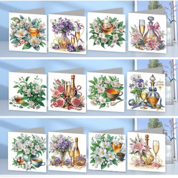 12Pcs Flower Drink DIY Diamond Painting Greeting Cards for Adult Holiday Gifts