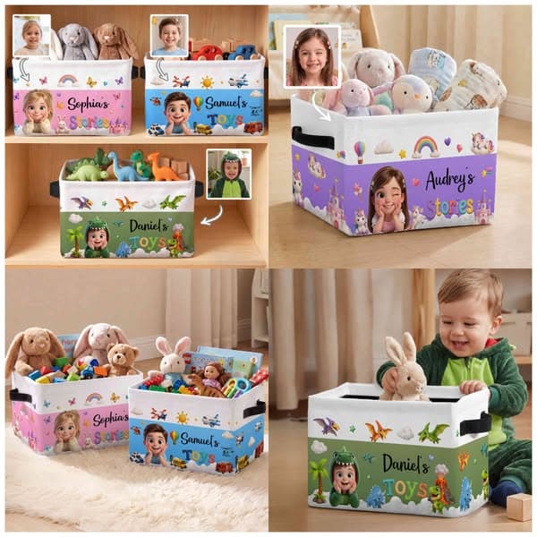Personalized 3D-Effect Artwork Cartoon Photo Colorful Storage Basket with Name and Handle, Room Decor, Birthday Gift for Kids