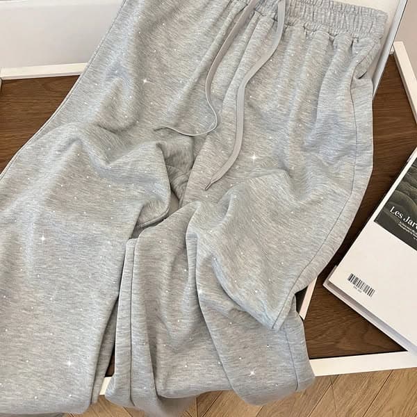 GlowEve Pantaloni della tuta ampi a vita alta con cordoncino, gamba dritta, con strass decorativi, versatili moda donna