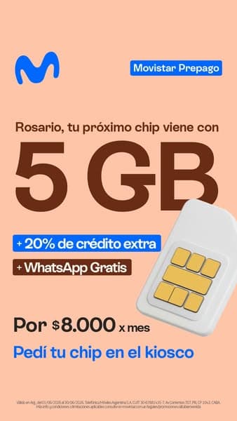Rosario, tu próximo chip viene con 5GB 🚀Con Movistar Prepago tenés 5GB, +20% de crédito extra y WhatsApp Gratis.
Todo por $8.000 por mes. 📍Pedí tu chip en el kiosco.