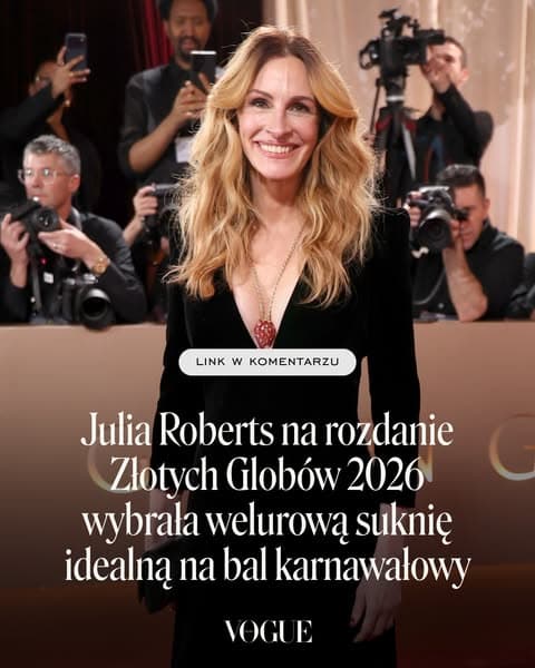 Julia Roberts na rozdanie Złotych Globów 2026 wybrała welurową suknię z długim rękawem idealną na bal karnawałowy