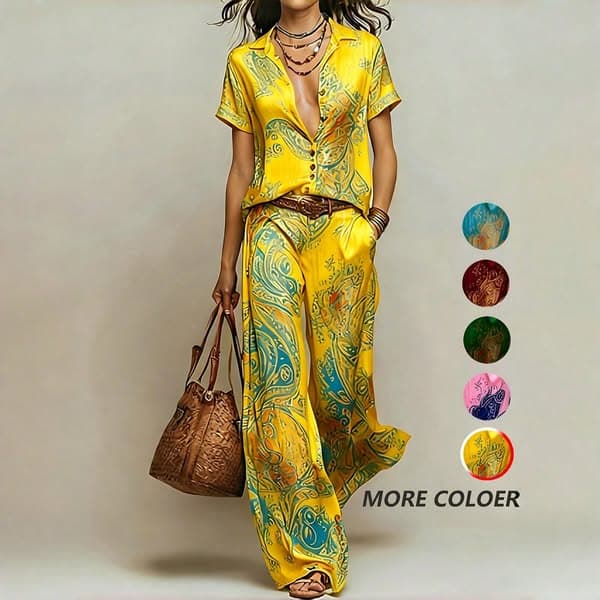 Yellow Boho Printed Two-Piece Set Women's Suits Pant Suit Sets Loose Fit Drop Shoulder Collared Shirt Wide Leg Pants Elegant Vacation Beach