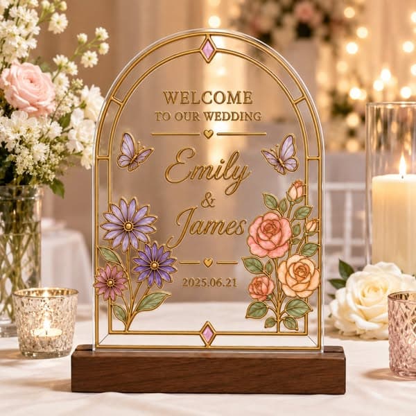 Personalized Acrylic Wedding Table Sign with Birth Flower, Name and Date Keepsake Decor, Elegant Wedding Gift for Bride/Groom