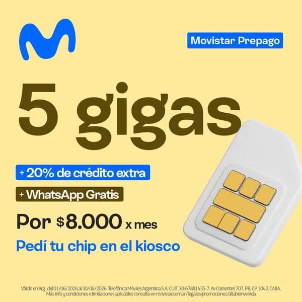 Córdoba, tu próximo chip viene con 5GB 🚀Con Movistar Prepago tenés 5GB, +20% de crédito extra y WhatsApp Gratis.
Todo por $8.000 por mes. 📍Pedí tu chip en el kiosco.