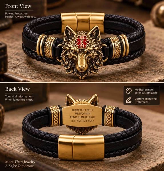 Personalized Wolf Head Medical Alert Bracelet with ID Text, Adjustable Emergency Info Wristband, Daily Wear Safety Accessory, Gift for Dad/Grandpa