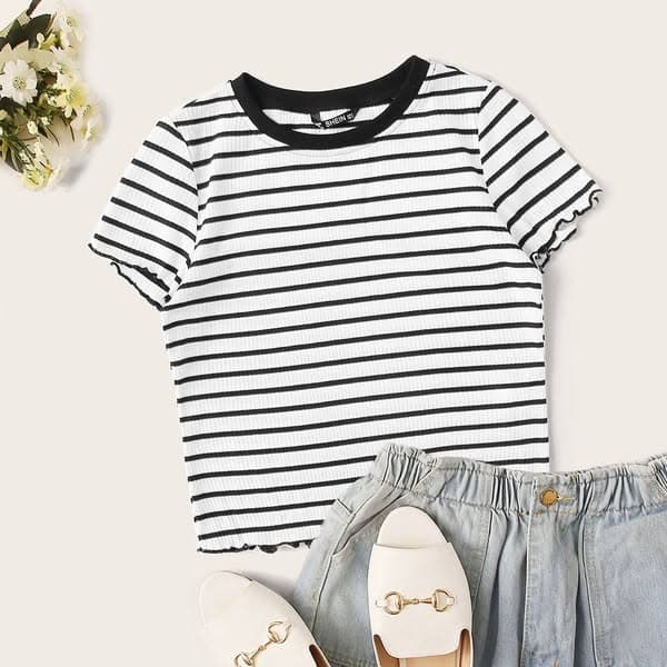 SHEIN Ribbed Striped Lettuce-Edge Cropped Tee