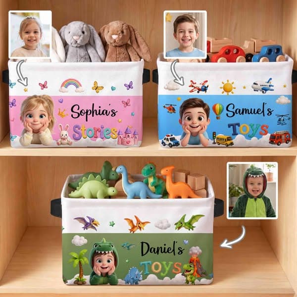 Personalized 3D-Effect Artwork Cartoon Photo Colorful Storage Basket with Name and Handle, Room Decor, Birthday Gift for Kids