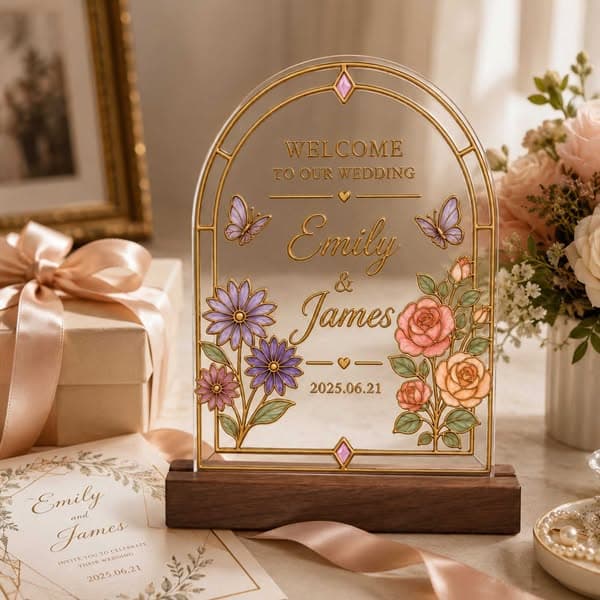 Personalized Acrylic Wedding Table Sign with Birth Flower, Name and Date Keepsake Decor, Elegant Wedding Gift for Bride/Groom