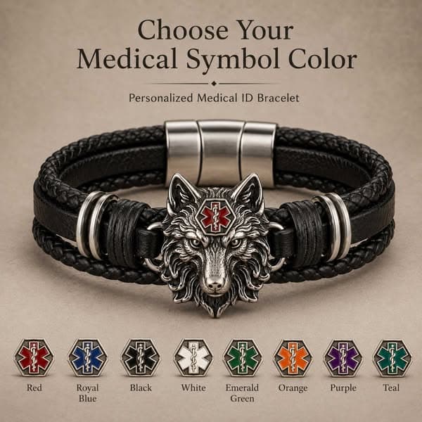 Personalized Wolf Head Medical Alert Bracelet with ID Text, Adjustable Emergency Info Wristband, Daily Wear Safety Accessory, Gift for Dad/Grandpa