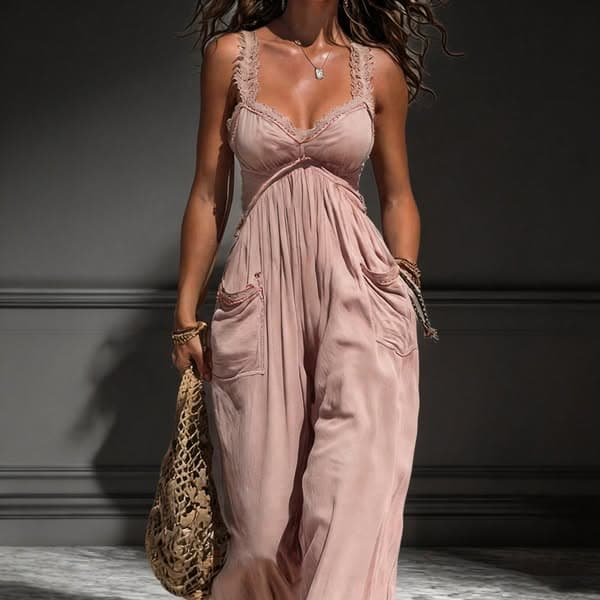 Pink Ruched Jumpsuit Women's Rompers Jumpers Overalls Playsuits Thin Strap Long Dual Pockets Regular Fit Cami High Waist Casual Vacation Sp