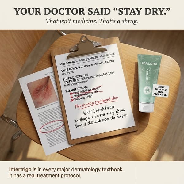 You went to the doctor with a rash under your bra. The visit was eight minutes. She looked at it briefly and said: "Keep it clean and dry. Maybe lose some weight. That should help." That is not a treatment plan. That's a polite dismissal. What you actuall