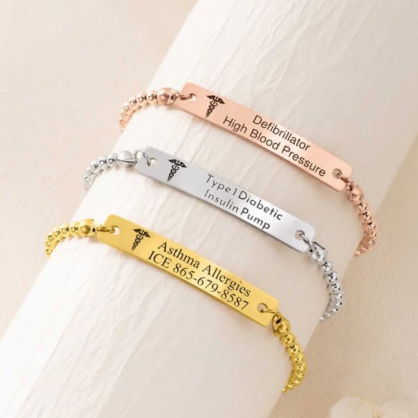 Personalized Engraved Medical Alert Bracelet, Medical ID Emergency Contact Adjustable Bead Chain Bracelet, Gift for Her/Mom/Grandma/Women/Patients