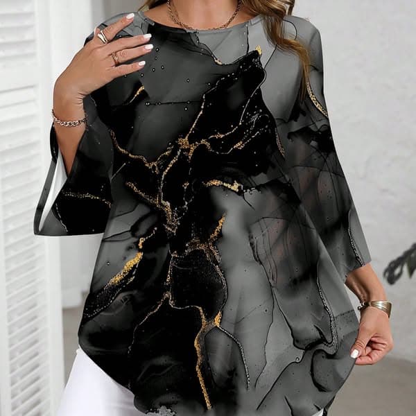 EMERY ROSE Plus Size Water-Ink Marble Textured Pattern Round Neck Long Sleeve Shirt, Suitable For Spring And Autumn Asymmetrical Blouse Autumn And Winter Chic Blouses For Women