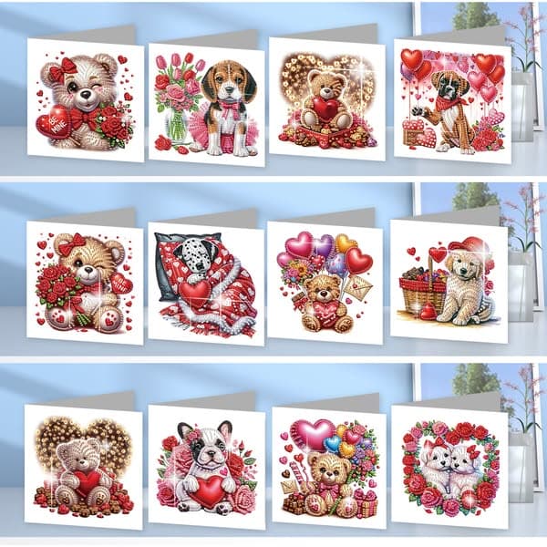 12Pcs Valentines Bear Dog DIY Diamond Painting Greeting Cards for Adults Gifts