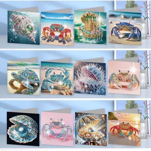 12Pcs Beach Crab Seashell DIY Diamond Painting Greeting Cards for Adults Gifts