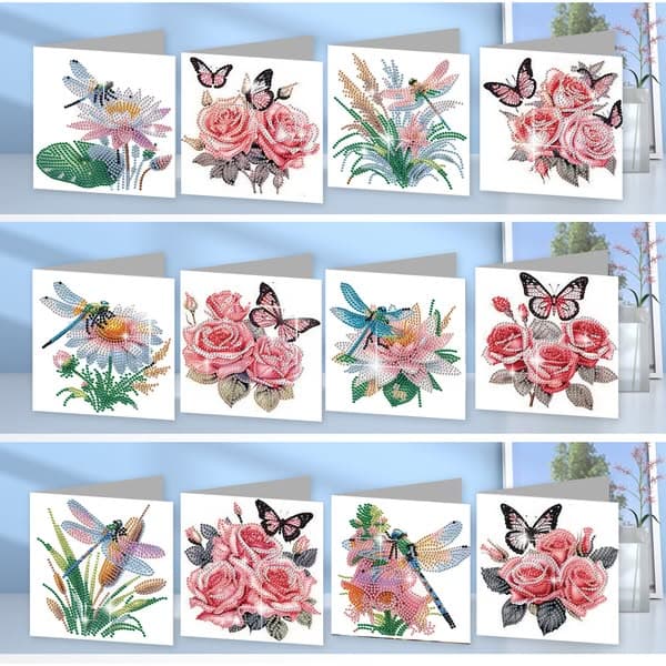 12Pcs Butterfly Dragonfly DIY Diamond Painting Greeting Cards for Adults Gifts