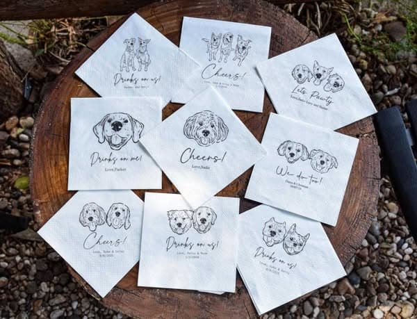 Custom Pet Wedding Cocktail Napkins, Personalized Pet Portrait for 1–3 Dogs or Cats, Colorful Wedding Party Supplies